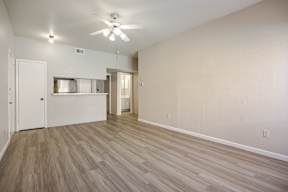 A room with a ceiling fan and lighting fixture.