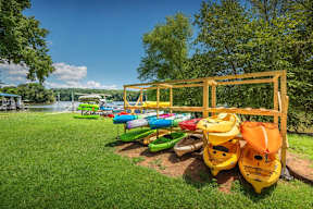 A row of colorful kayaks are stored on a rack in the grass.