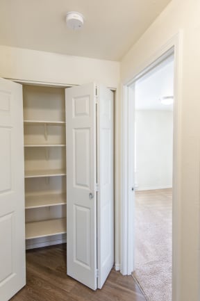 a bedroom with a closet and an open door