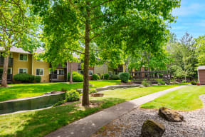 a pathway through the grassy area with trees and buildings in the background