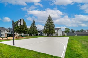 a basketball court in a park with houses in the background