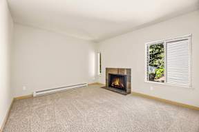 A room with a fireplace and a window with blinds.