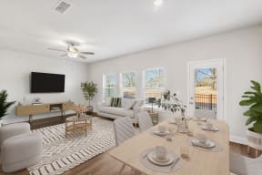 a living room with a couch and a table