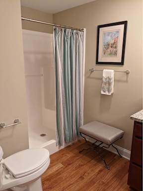 A bathroom with a toilet, a shower curtain, a bench and a picture on the wall.