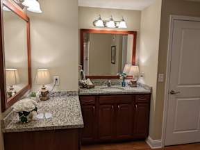 A bathroom with a granite countertop and a large mirror above it.