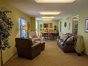 A living room with a couch, chair, and potted plant.