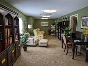 A room with a carpeted floor, a desk, a chair, and a bookshelf.