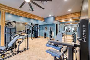 A gym with a variety of equipment including a blue weight bench and a black weight rack.