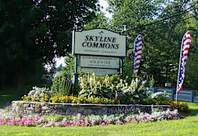 A sign for Skyline Commons Apartment Community with a phone number and website.