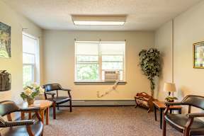 A living room with a large window and a potted plant.
