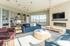 Clubhouse community lounge with TV, kitchen, fireplace