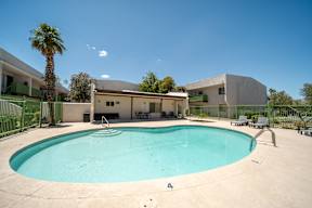 A swimming pool in a sunny backyard.