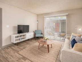 a living room with a couch and a coffee table in front of a tv