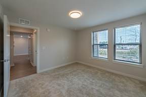 A room with a carpeted floor and two windows.