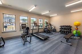 A gym with a variety of equipment including treadmills, weights, and exercise balls.