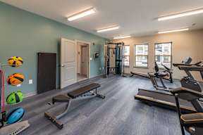 A gym with a variety of equipment including treadmills, weights, and exercise balls.