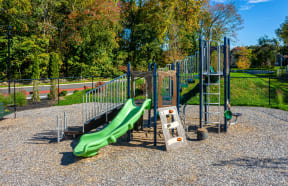 a playground with a slide and climbing equipment in a park