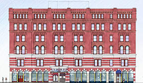 A red building with many windows and balconies.