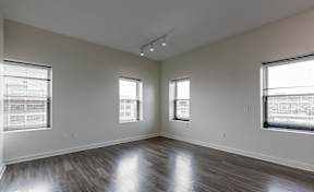A spacious room with wooden floors and three windows.