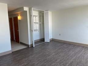 A room with a white wall and a wooden floor.