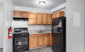 A kitchen with a black refrigerator, black stove, and wooden cabinets.