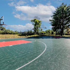 A basketball court with a red area and a white line.