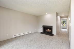 A living room with a fireplace and a carpet.