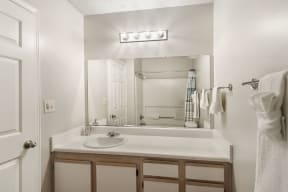 a bathroom with a sink and a mirror