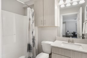 a bathroom with a toilet sink and mirror  at Parkwest Apartment Homes, Hattiesburg, MS, 39402