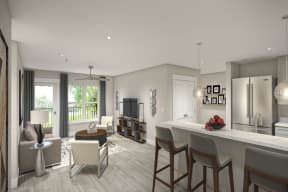 a rendering of a kitchen and living room in a house