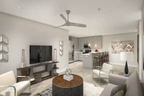 a rendering of a living room with a kitchen in the background