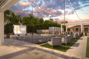 a rendering of the planned outdoor cinema area at the crescenta apartments in houston