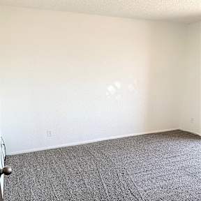 A room with a carpeted floor and a door on the left.