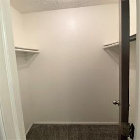 A white closet with a brown door and a grey carpet.