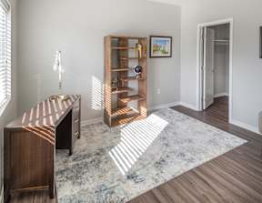 A room with a wooden bookcase and a rug on the floor.