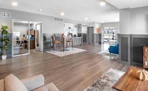 A modern living room with a wooden floor and furniture.