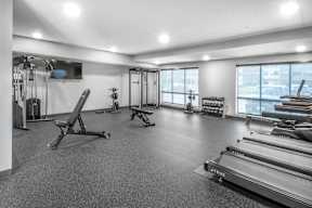 A well-equipped gym with a variety of exercise machines and weights.