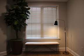A potted plant sits next to a window with blinds, a bench is under the window, and a floor lamp stands to the side.