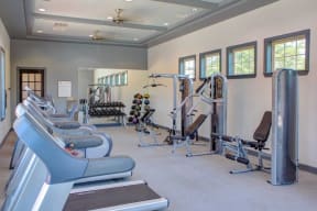 the gym is equipped with cardio equipment and weights at Century Lakeshore Crossings, Alabama