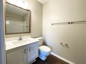 Amberwood at Lochmere, Cary NC, renovated bathroom with framed mirror