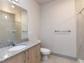 A bathroom with large countertops, sink, mirror, toilet, and towel bar at Lofts at South Lake, Clermont, FL, 34711