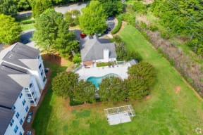 Stone Gate Apartments in Charlotte, NC aerial shot of clubhouse and pool