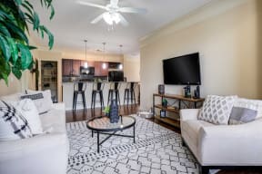 a living room and a kitchen with a tv at Century Lakeshore Crossings, Birmingham Alabama