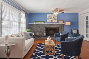 Seating area with blue walls at Barracks West in Charlottesville, VA