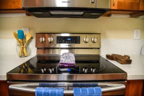 a kitchen stove with a oven mitt on top of it