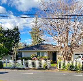 a house with a white picket fence and a large tree in front of it