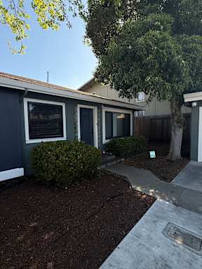 A small house with a grey roof and a white door.