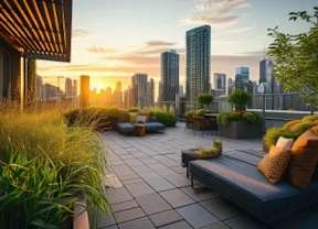 A rooftop patio with a bench, plants, and a city skyline at sunset.
