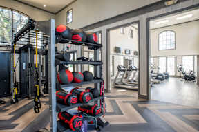 a gym with weights and a rack of dumbbells