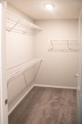 a walk in closet with two white shelves and a carpeted floor